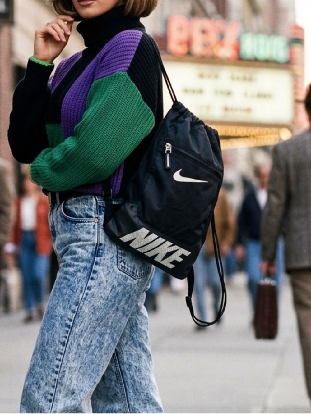 Vtg Y2K Nike Black Drawstring Backpack with White Logos